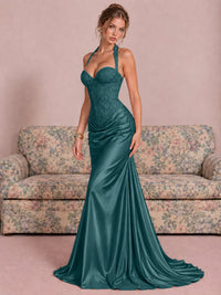 Sparkling Halter Corset Satin Mermaid Prom Dress