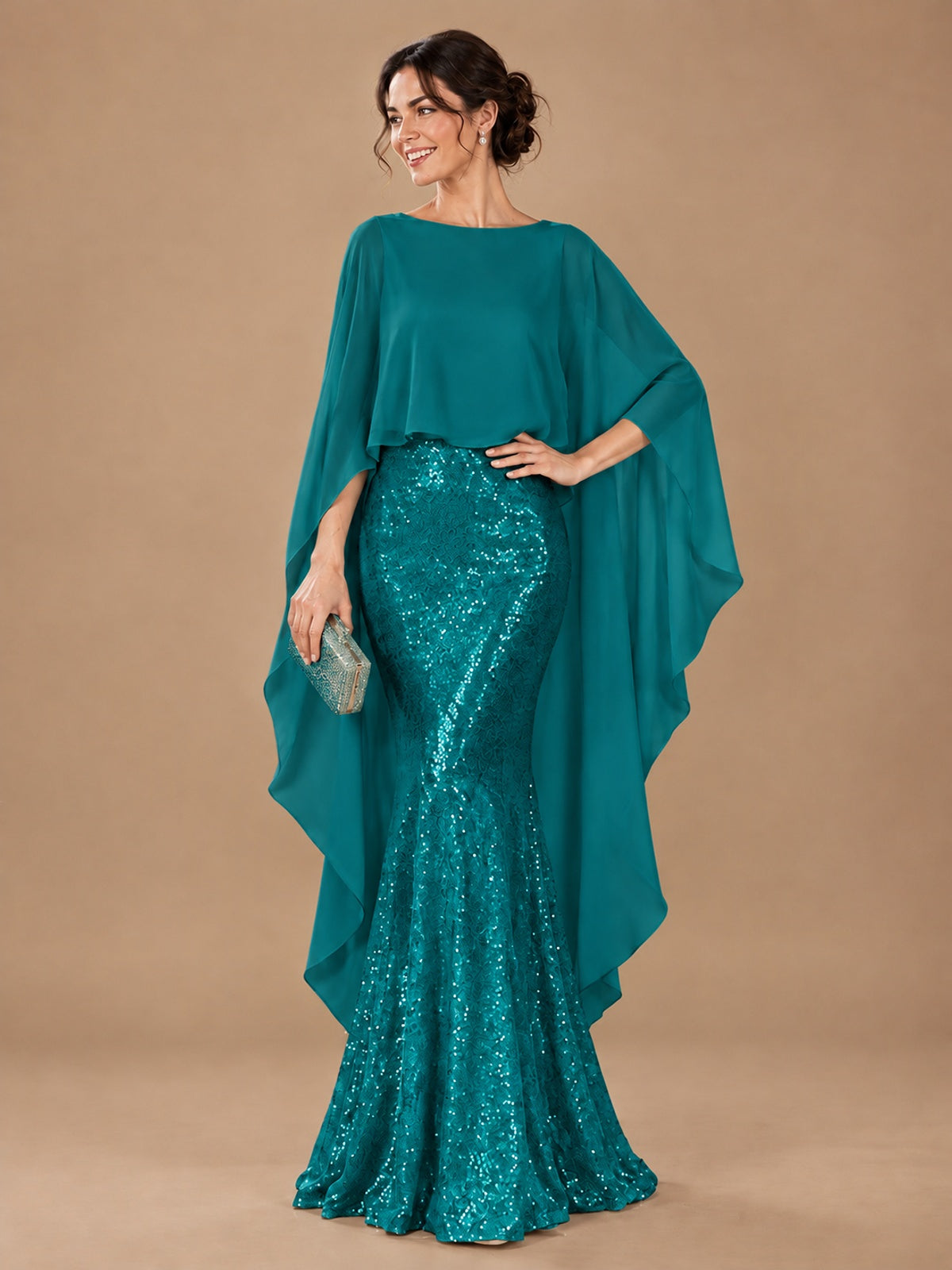 Sequin 2 Pieces Mother of the Bride Dress with Cap Sleeves Chiffon Formal Gowns