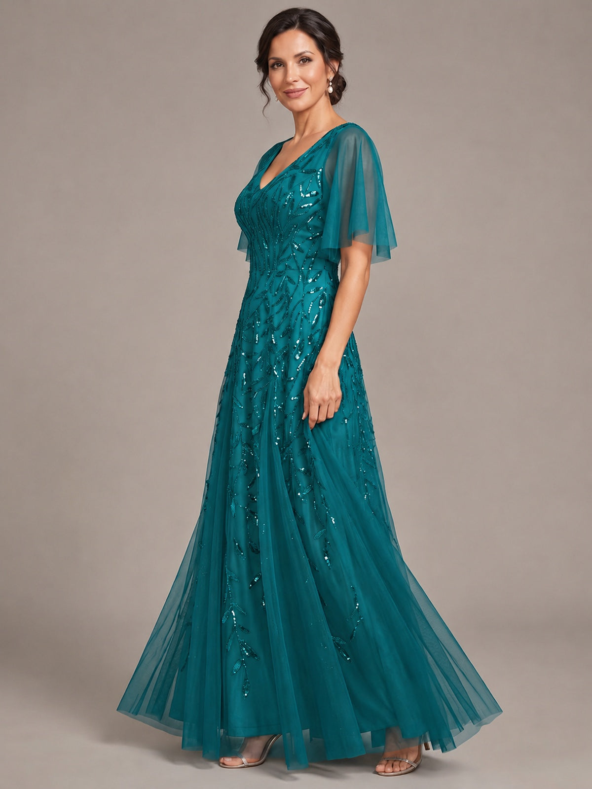 V-Neck Sequin Tulle Mother of the Bride Dress with Flutter Sleeve