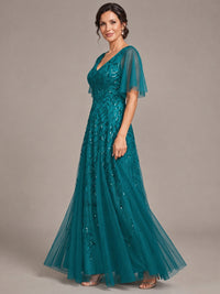 V-Neck Sequin Tulle Mother of the Bride Dress with Flutter Sleeve