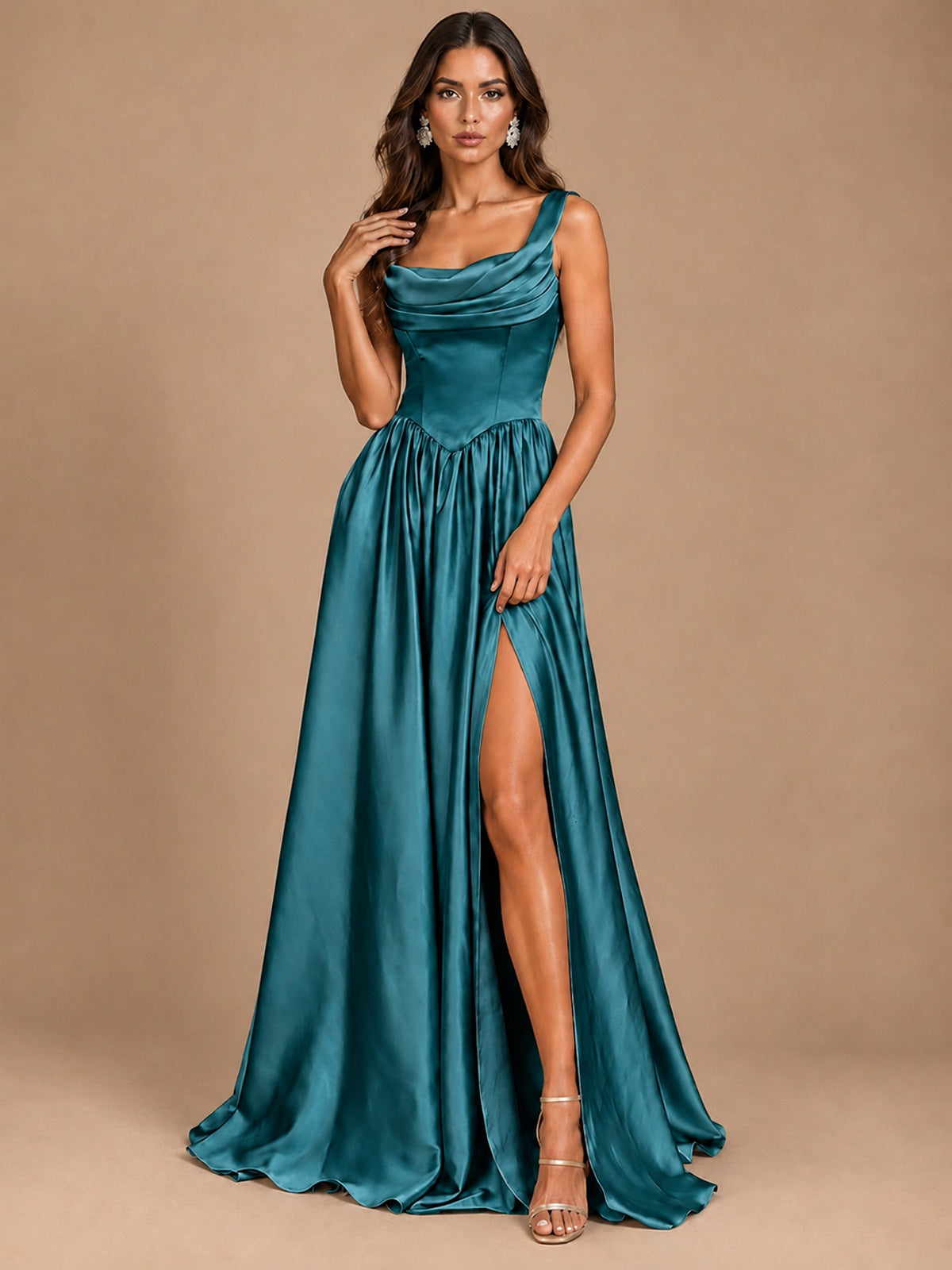 Cowl Neck Pleated Satin Prom Dress with Pockets & Slit Maxi Formal Gowns