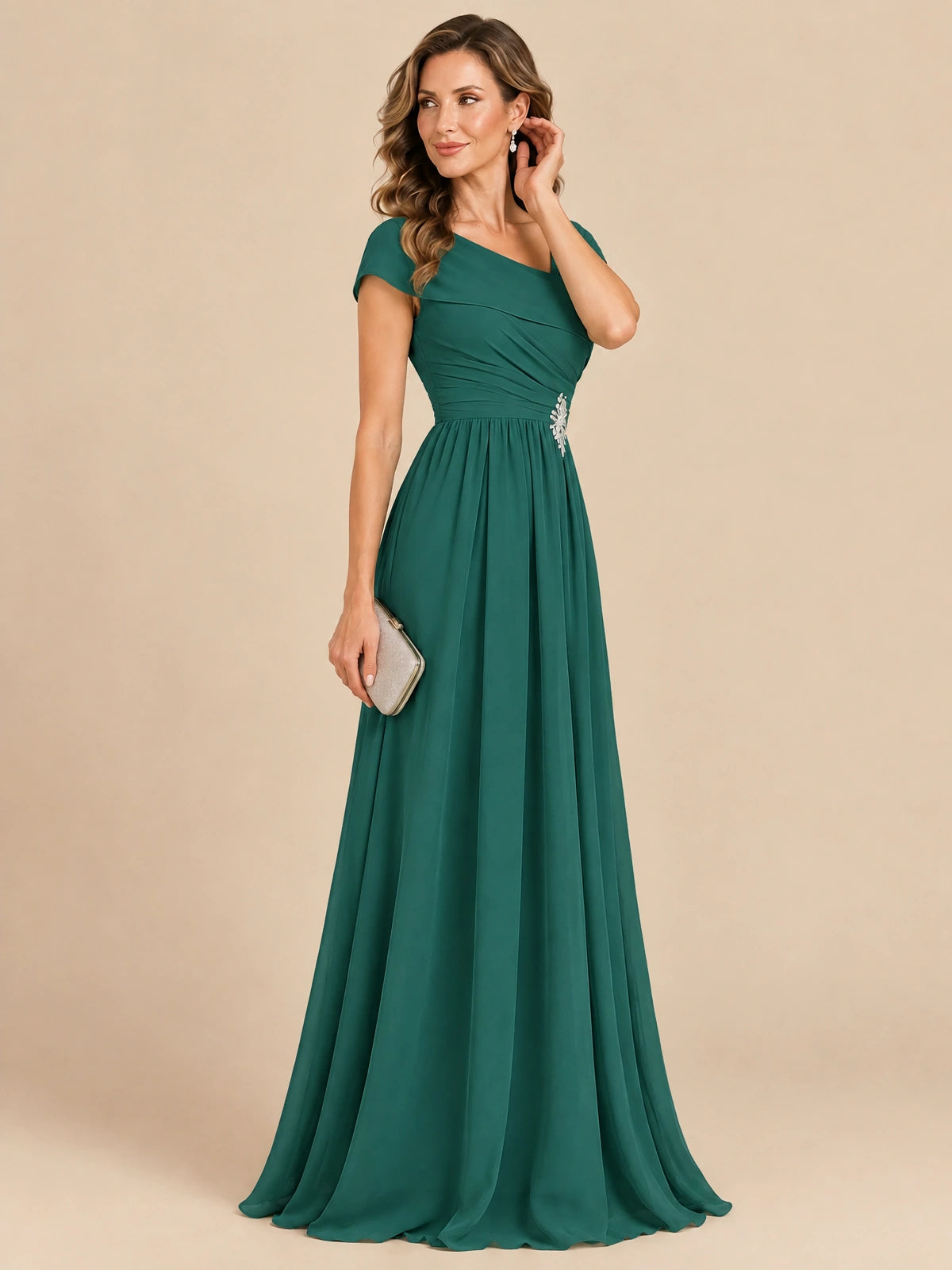 Cap Sleeve Mother of The Bride Dresses Long Chiffon Formal Gowns