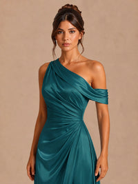 Satin One Shoulder Prom Dress Ruched Long Formal Evening Gown