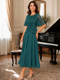 Tea-Length Chiffon Mother of the Bride Dress with Sequin Lace Sleeves