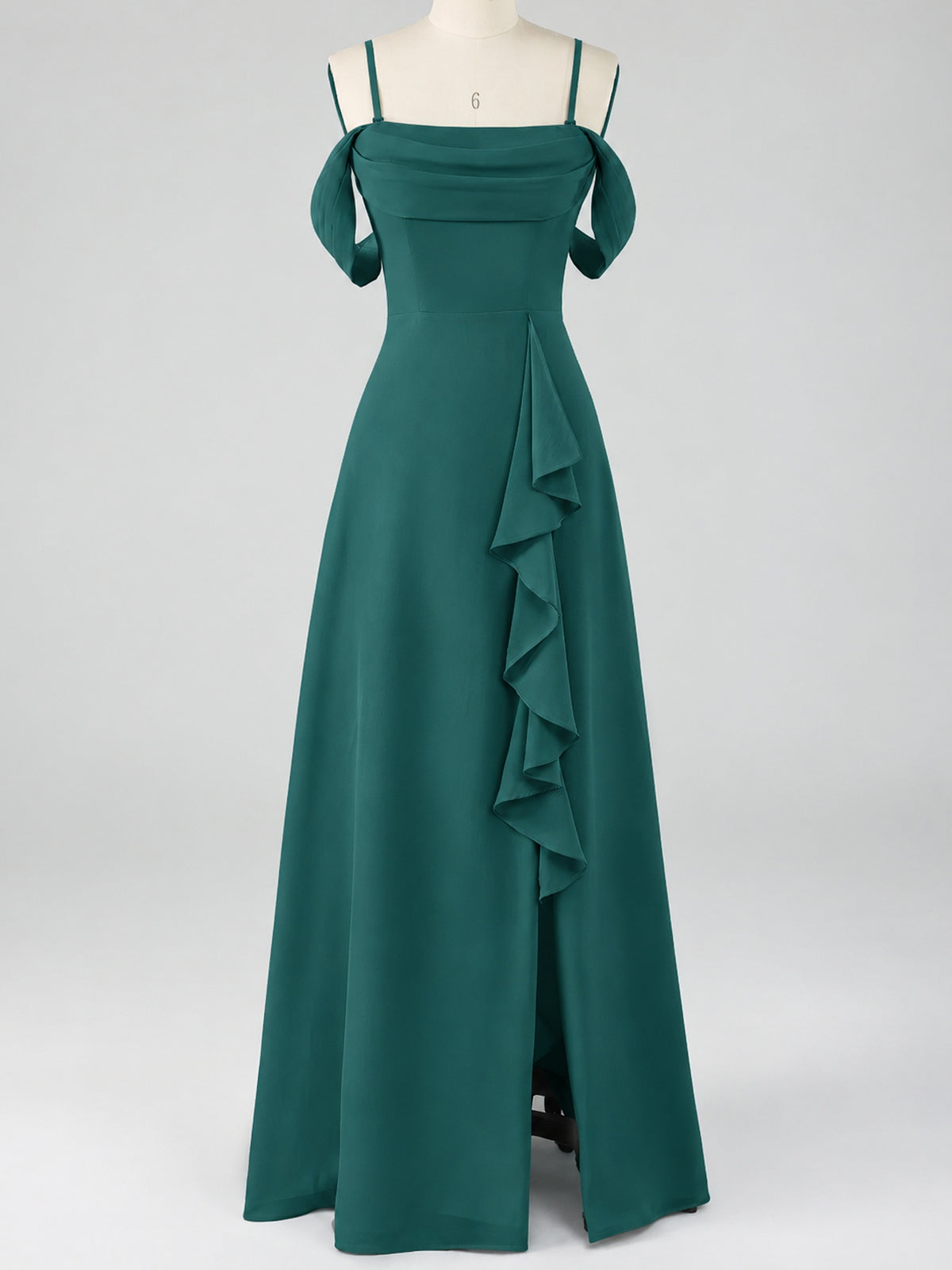 Spaghetti Strap Chiffon Bridesmaid Dress with Ruffles Slit