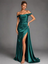 Off Shoulder Satin Maxi Dress with Slit