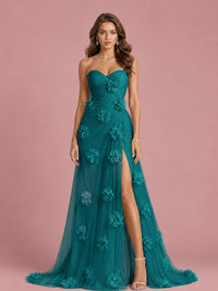 3D Floral Applique Strapless Tulle Prom Dress with High Slit