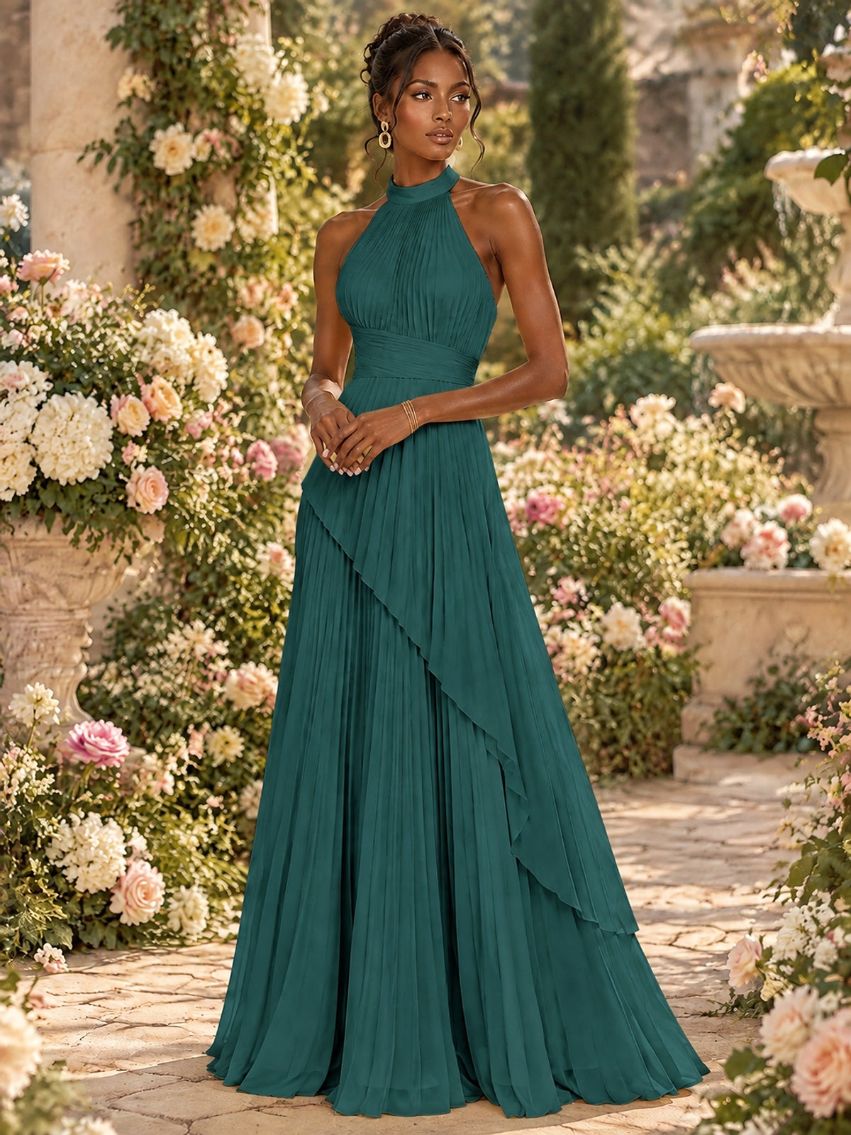 Wrap Pleated Prom Dress Halter A-line Chiffon Formal Wedding Dress