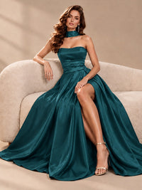 Strapless Prom Dress Side High Slit A-line Formal Dress with Scarf