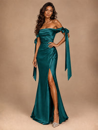 Off The Shuolder Satin Prom Dress Slit Mermaid Formal Gowns