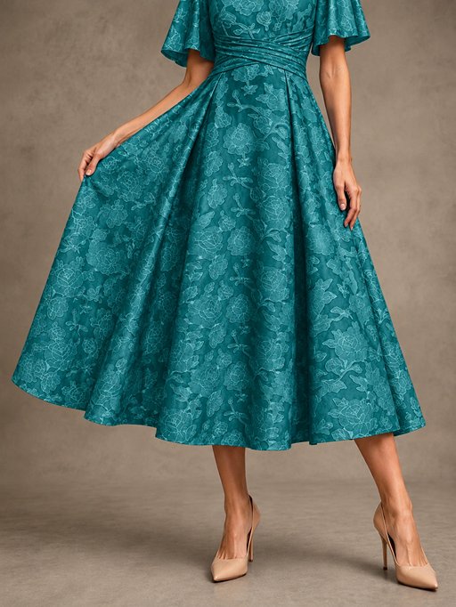 V-Neck Floral Jacquard Tea-Length Mother of the Bride Dress