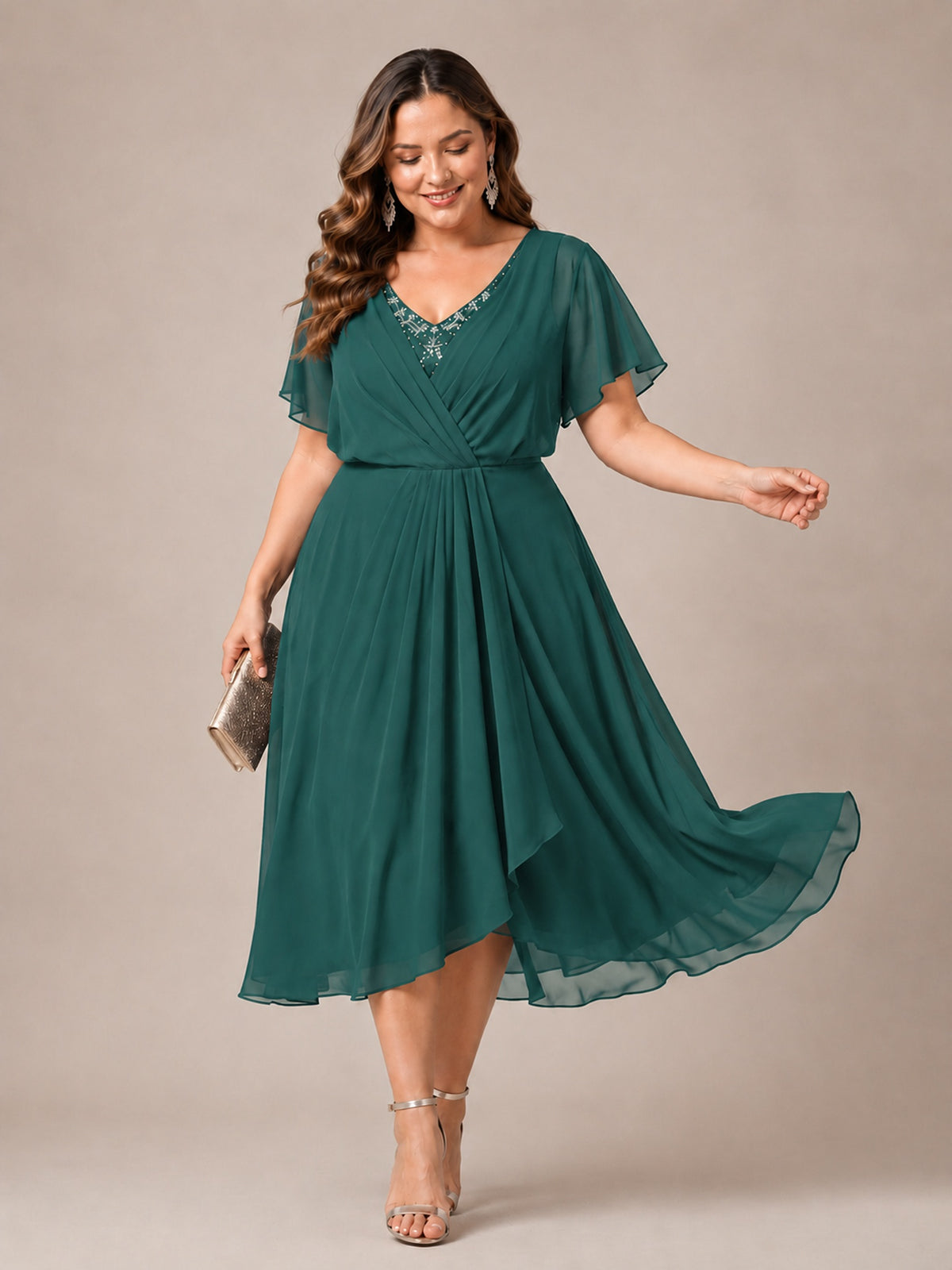 Navy Blue A-Line V-Neck Tea-Length Mother of the Bride Dress