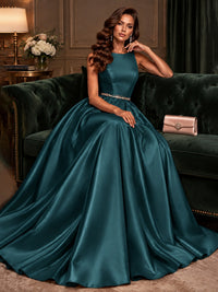 Satin A-Line Prom Dress Sleeveless Beaded Waist Formal Gown with Pockets