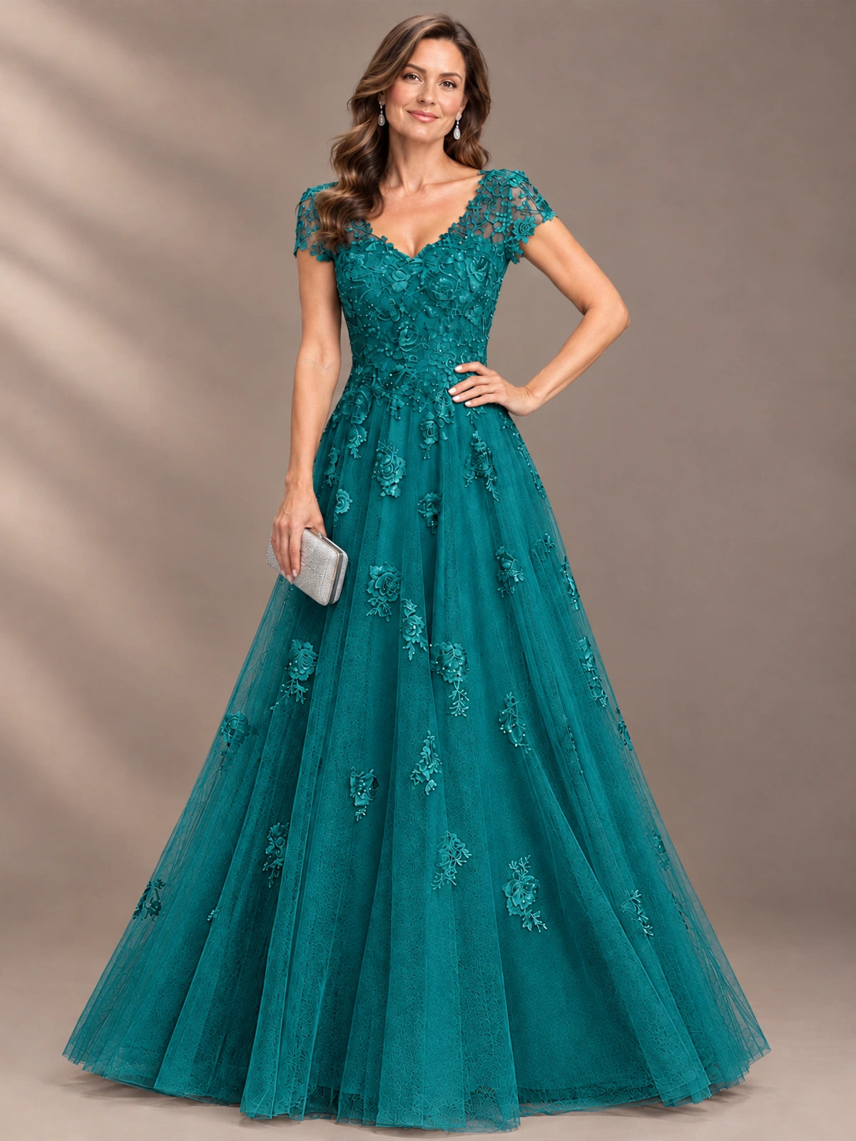 Lace Appliques A-line Mother of The Bride Dresses with Short Sleeves