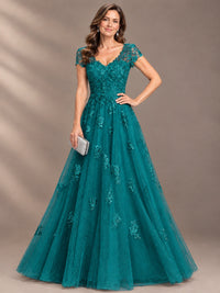 Lace Appliques A-line Mother of The Bride Dresses with Short Sleeves