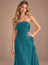 Yellow Strapless A-line Satin Maxi Dress with 3D Floral