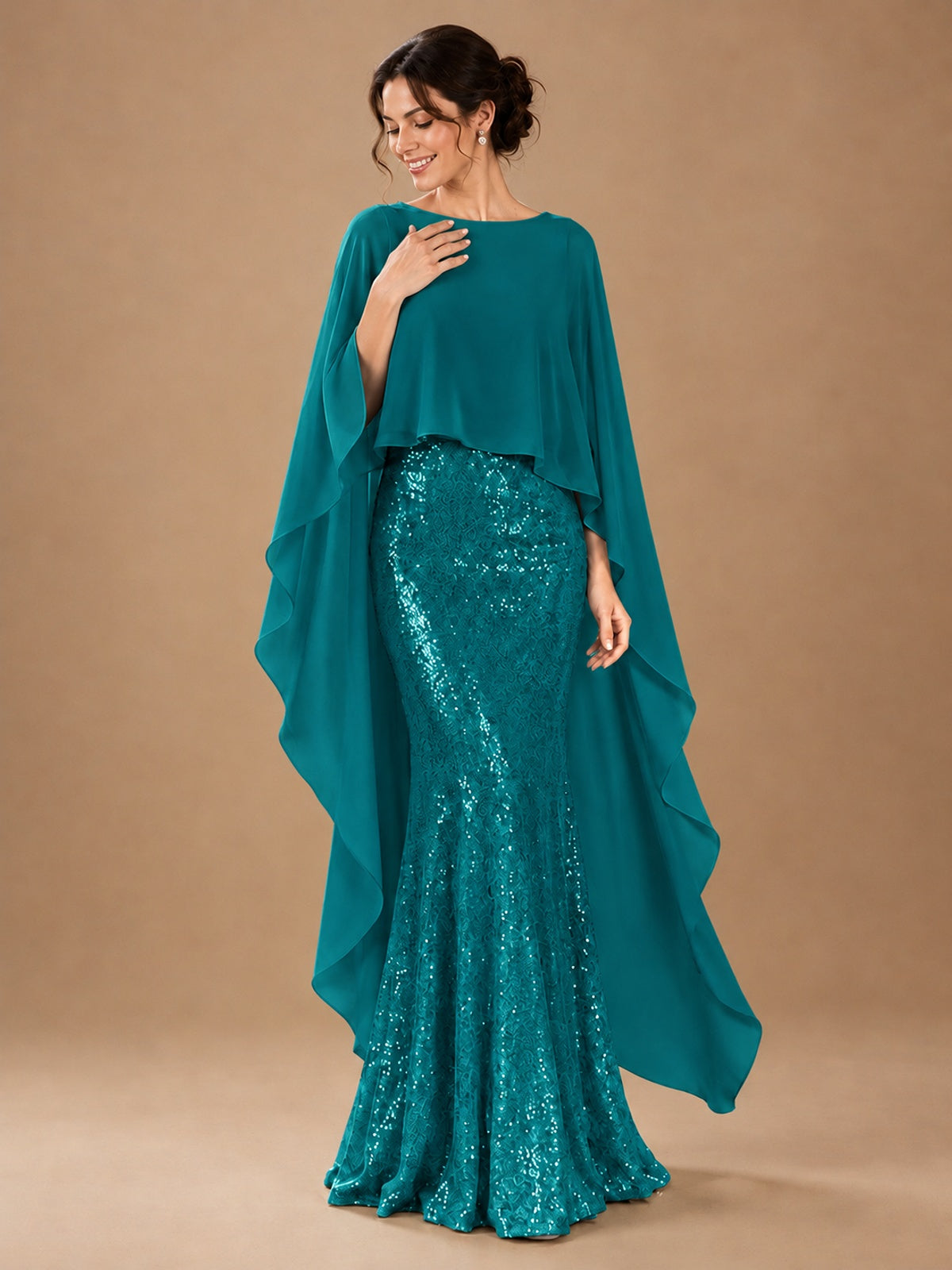 Sequin 2 Pieces Mother of the Bride Dress with Cap Sleeves Chiffon Formal Gowns