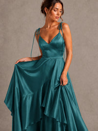 Lavender Satin V-Neck Ruffle Maxi Dress