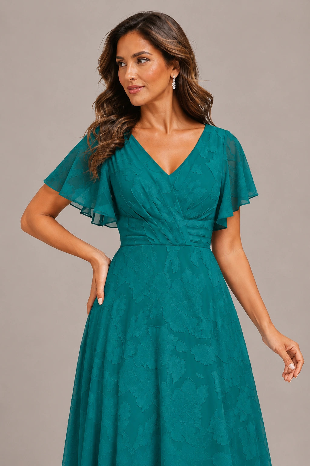 Jovellee Floral Chiffon A-Line Mother of the Bride Dress with Flutter Sleeves
