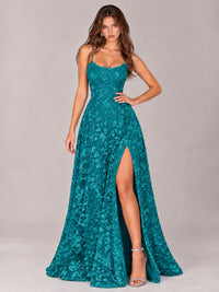 Floral Lace A-Line Prom Dress with Spaghetti Straps & High Slit