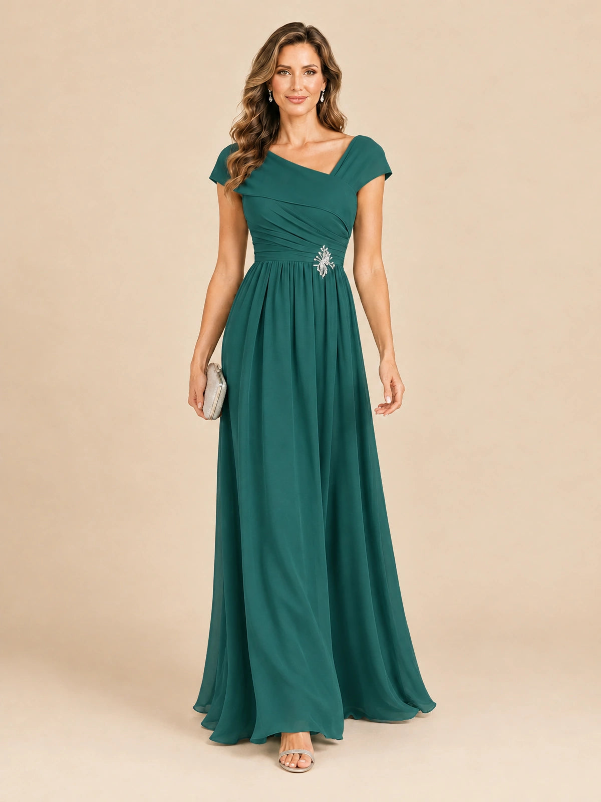 Cap Sleeve Mother of The Bride Dresses Long Chiffon Formal Gowns