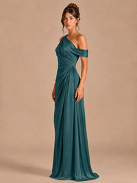 Satin One Shoulder Prom Dress Ruched Long Formal Evening Gown