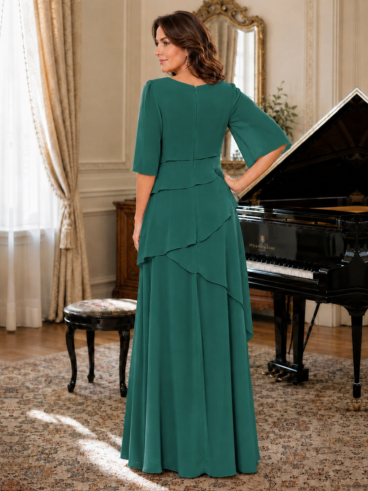 Asymmetric Draped Chiffon Mother of the Bride Dress with Flutter Sleeves