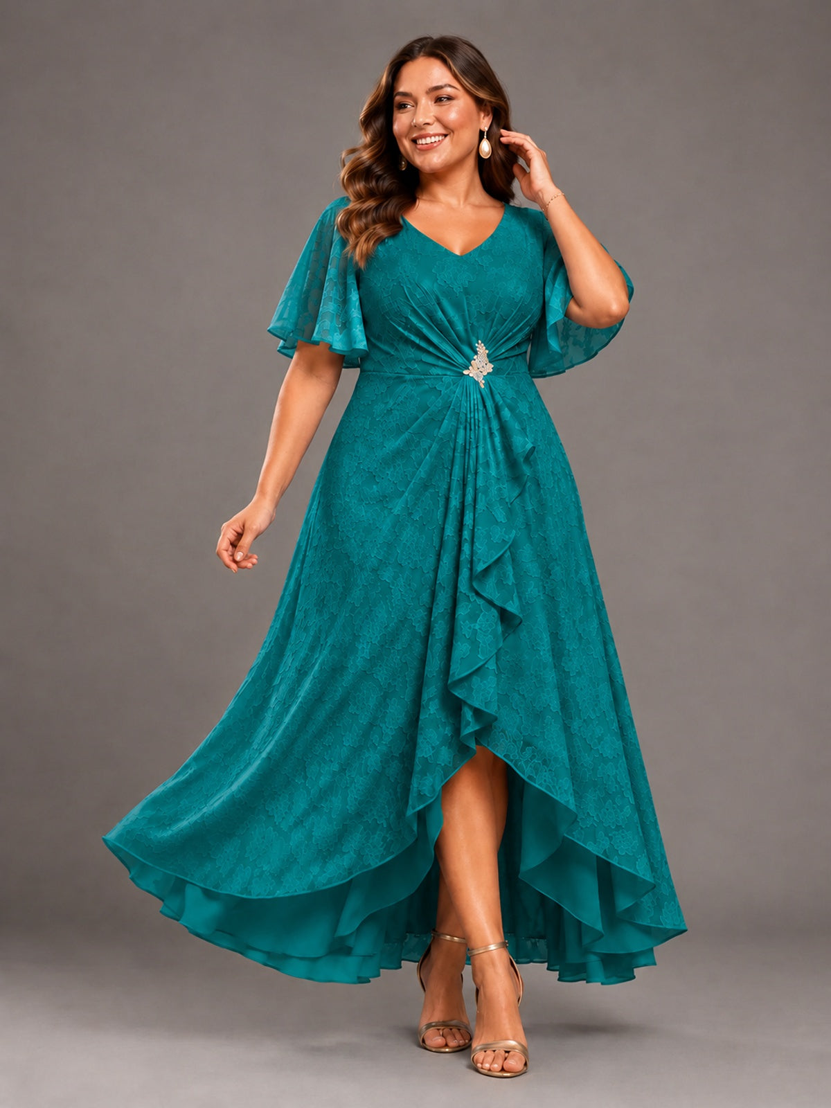 Jacquard Chiffon A-Line V-Neck High-Low Mother of the Bride Dress