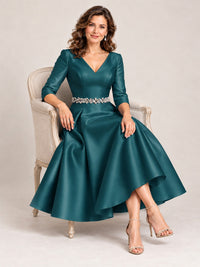 V-Neck Tea-Length Mother of the Bride Dress with Embellished Waist
