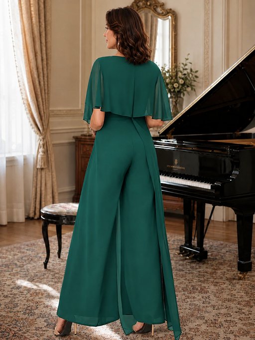 Chiffon Mother of the Bride Jumpsuit with Layered Cape Sleeves