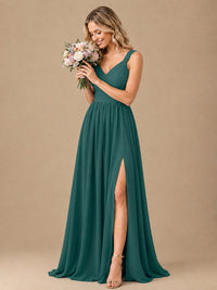Pleated Chiffon V Neck Wedding Bridesmaid Dresses Floor Length with Slit