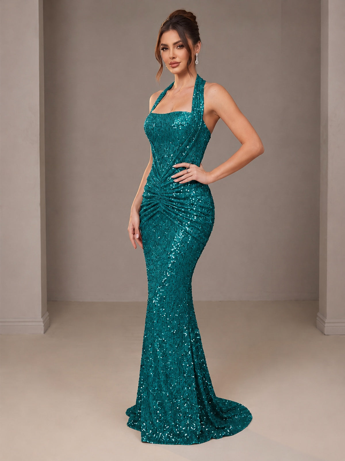 Gold Halter Sequin Mermaid Ruched Prom Dress Long Ruched Evening Gown