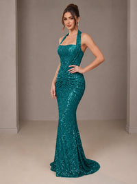 Gold Halter Sequin Mermaid Ruched Prom Dress Long Ruched Evening Gown