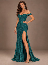 Off the Shoulder Corset Sequin Mermaid Prom Dress with Slit