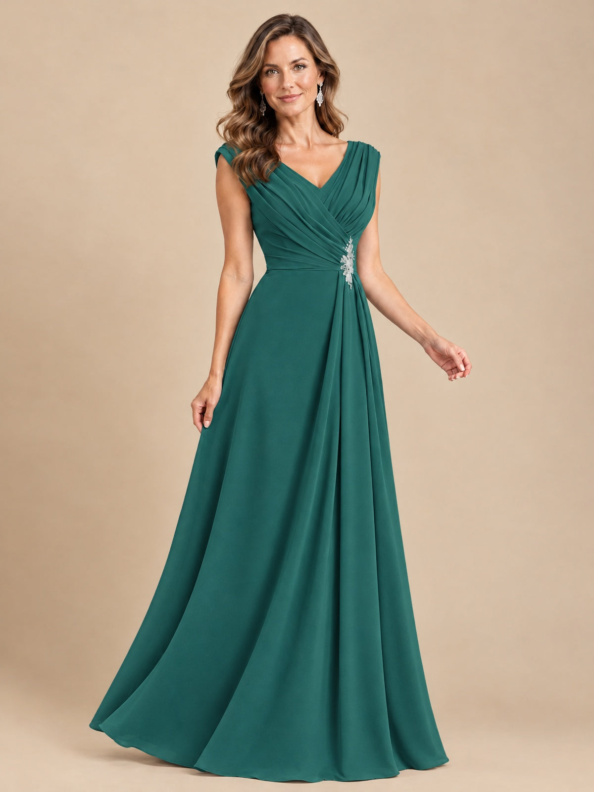 V Neck Pleated Mother of The Bride Dresses with Beading Cap Sleeves