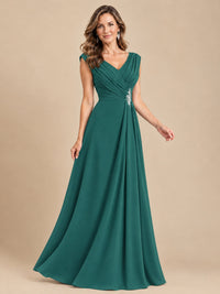V Neck Pleated Mother of The Bride Dresses with Beading Cap Sleeves