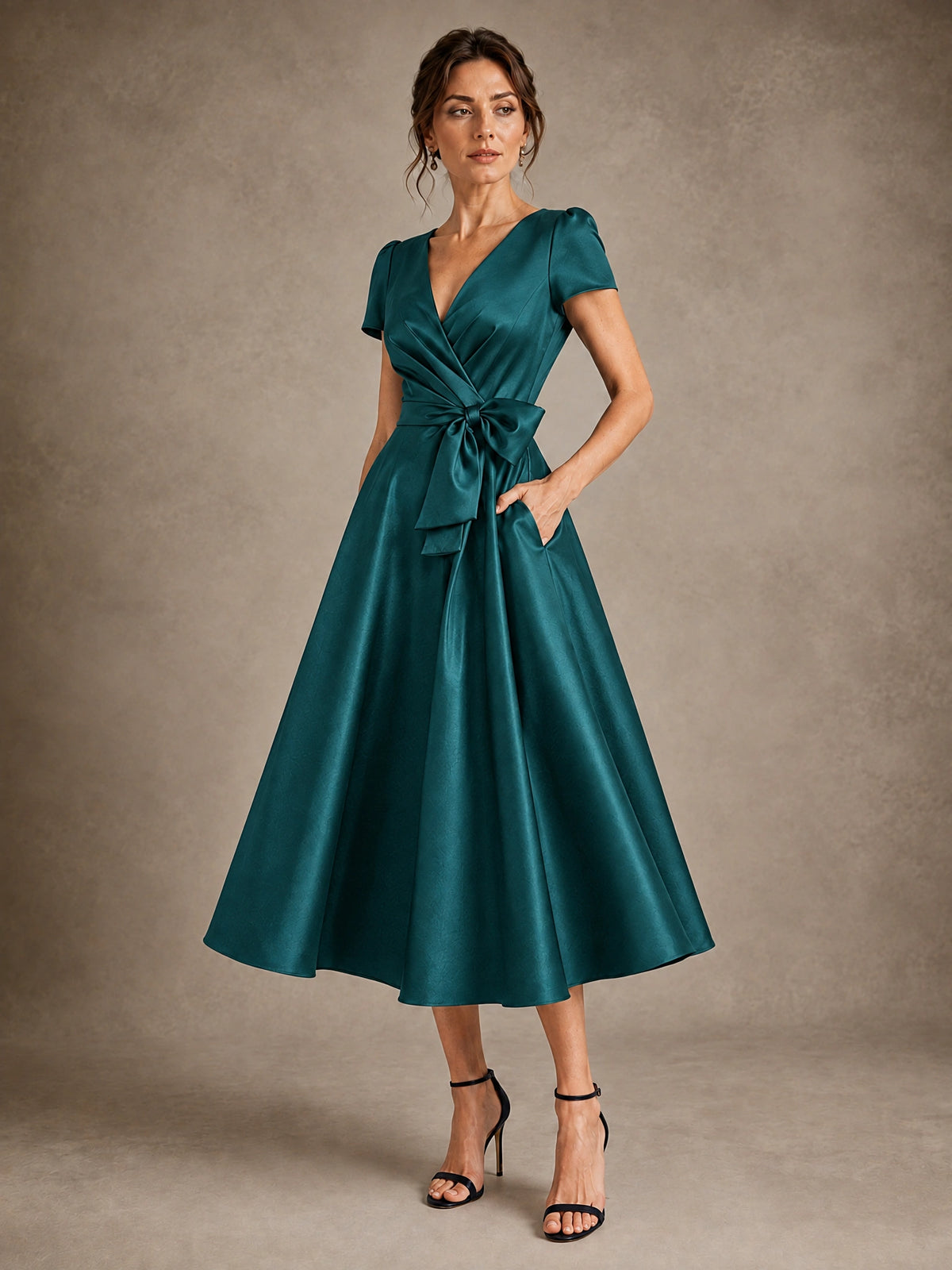 V-Neck Tea-Length Satin Mother of the Bride Dress with Bow
