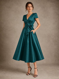 V-Neck Tea-Length Satin Mother of the Bride Dress with Bow