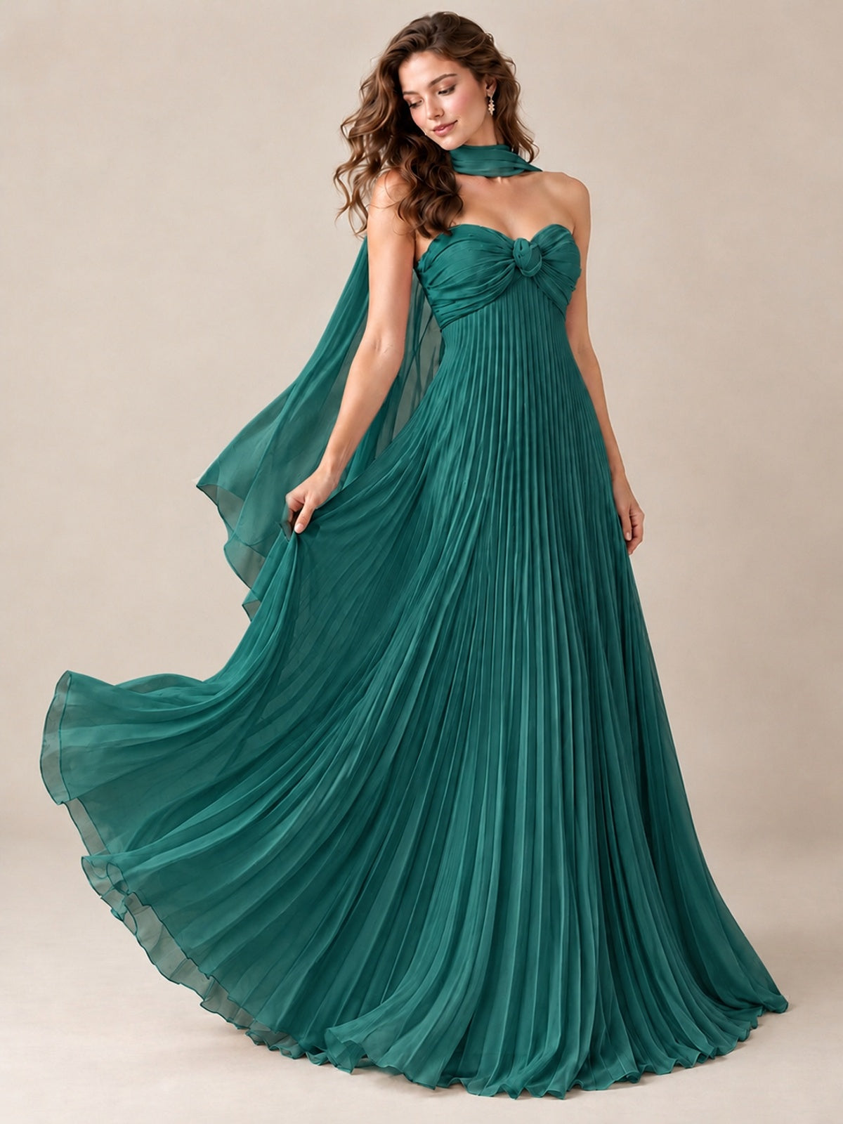 Sweetheart Neckline Pleated Prom Dress Strapless A-line Formal Dress with Flowy Scarf