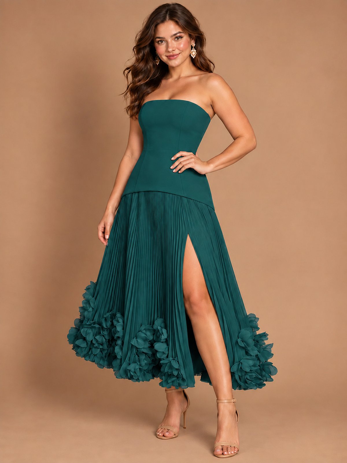 Navy Blue Strapless Pleated A-Line Midi Dress with 3D Floral Applique