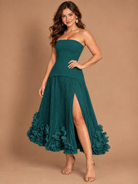 Navy Blue Strapless Pleated A-Line Midi Dress with 3D Floral Applique