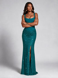 Sequin Corset Mermaid Prom Dress with Square Neck Wide Strap High Slit