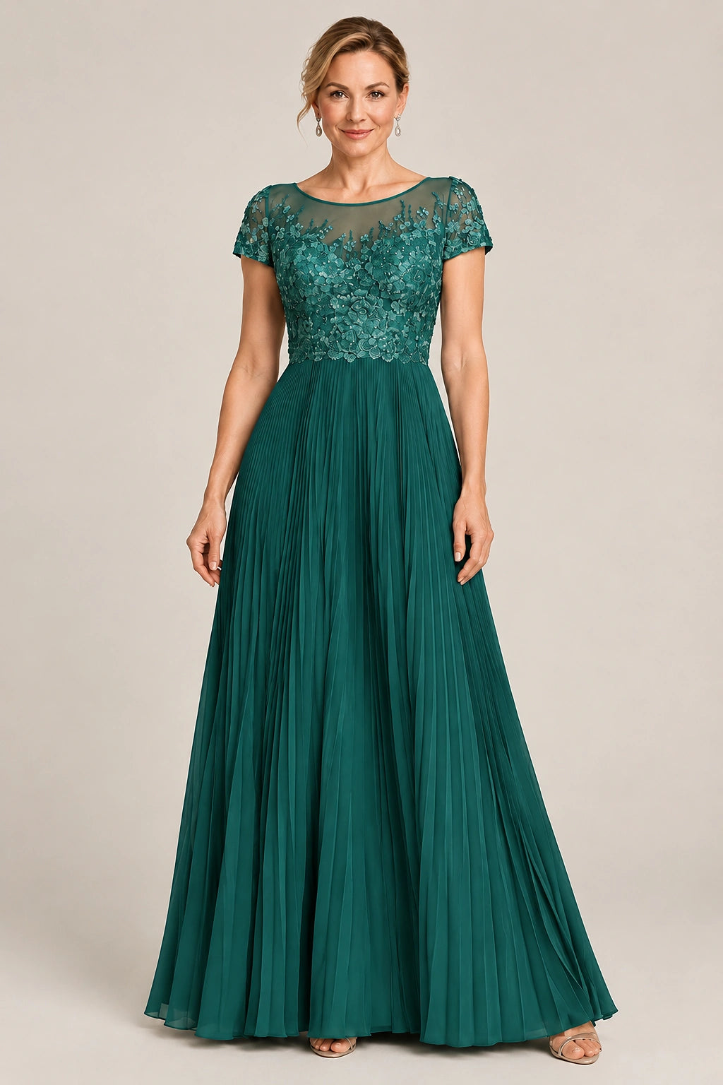 Embroidered Lace Pleated Mother of the Bride Dress