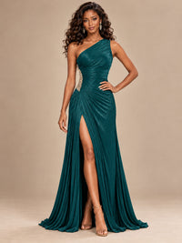 Burgundy One Shoulder Ruched Prom Dress with High Slit & Beaded Waist