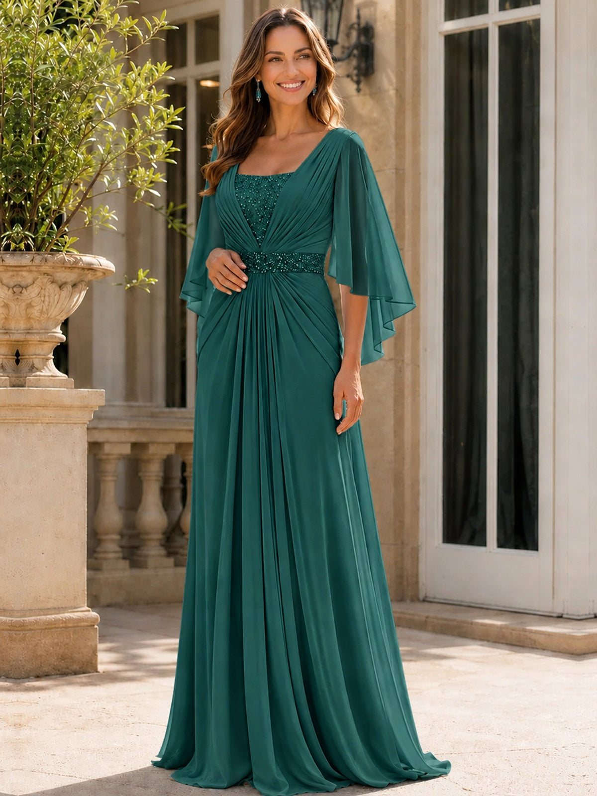Elegant V-Neck Sequined Chiffon Mother of the Bride Dress with Flutter Sleeves