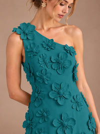 Sage Green One Shoulder Satin Formal Maxi Dress with 3D Floral
