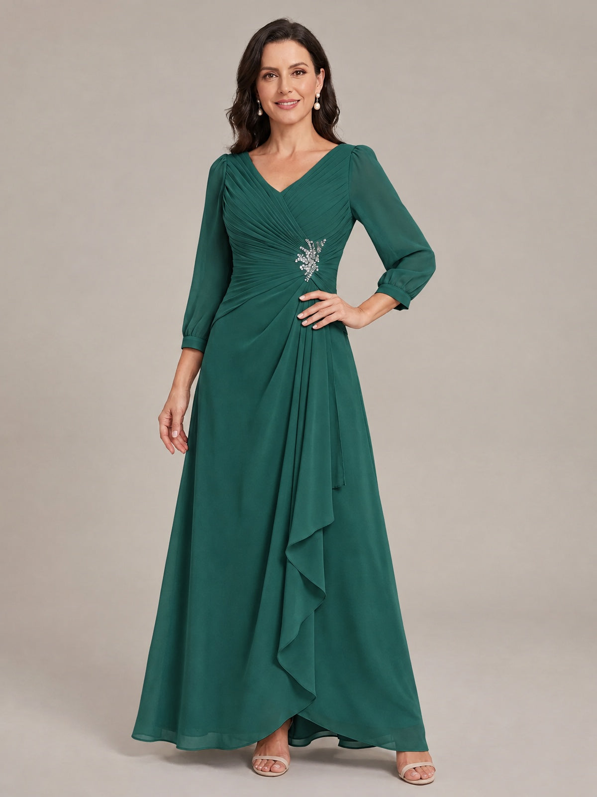 V-Neck Pleated Chiffon Mother of the Bride Dress with Flutter Sleeves