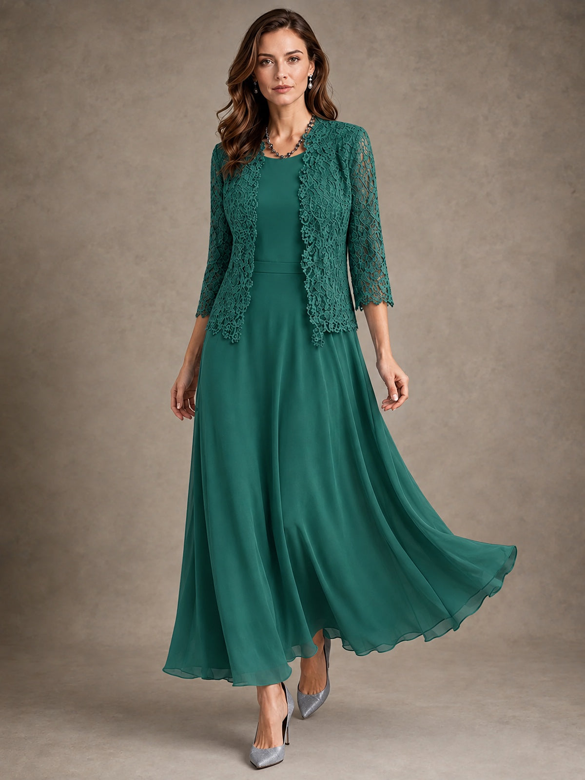 2-Piece Chiffon Mother of the Bride Dress with Lace Jacket