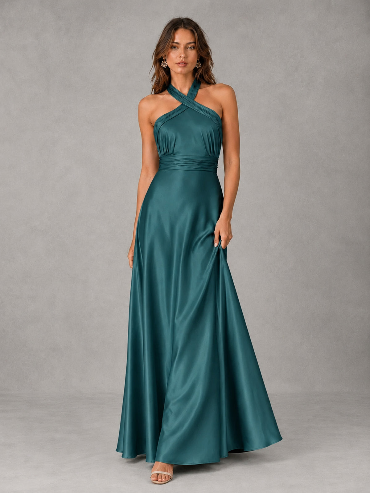 Sage Green Satin A-Line Bridesmaid Dress with Halter Neck