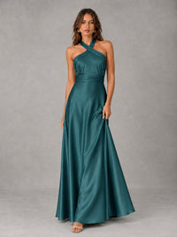 Sage Green Satin A-Line Bridesmaid Dress with Halter Neck
